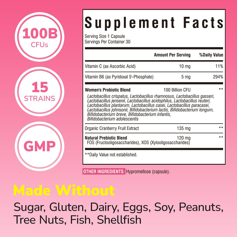 Vitalibre Probiotics for Women 100 Billion CFU 15 Strains, Daily Probiotic | 30 Vegan Capsules, Prebiotic Supplement with Organic Cranberry to Support Vaginal, Digestive, Immune Health, Shelf Stable 30 Count (Pack of 1)