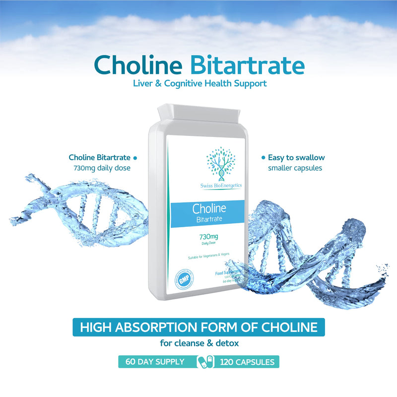 Choline Bitartrate 730mg Daily Dose, 120 Vegan Choline Supplement Capsules - UK Made Support for Healthy Liver Function and Fat Metabolism