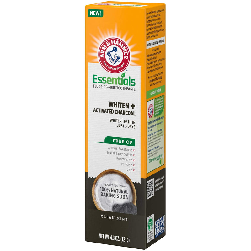 ARM & HAMMER Essentials Fluoride-Free Toothpaste, Whitening + Activated Charcoal Toothpaste, 4 Pack of 4.3oz Tubes, Clean Mint, 100% Natural Baking Soda 4.3 Ounce (Pack of 4)
