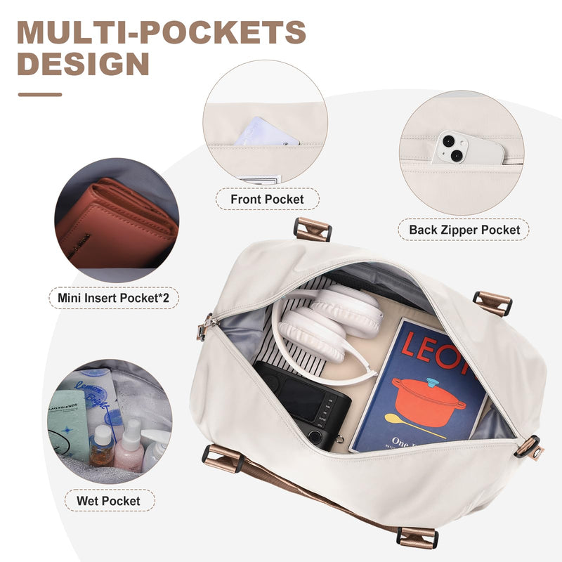 Travel Duffel Bag, Carry On Overnight Weekender Bags for Women | Travel Bag with Wet Pocket & Trolley Sleeve, For Spirit Airlines 18x14x8 Personal Item Bag A1-Beige & Brown Extra Large Travel Bag