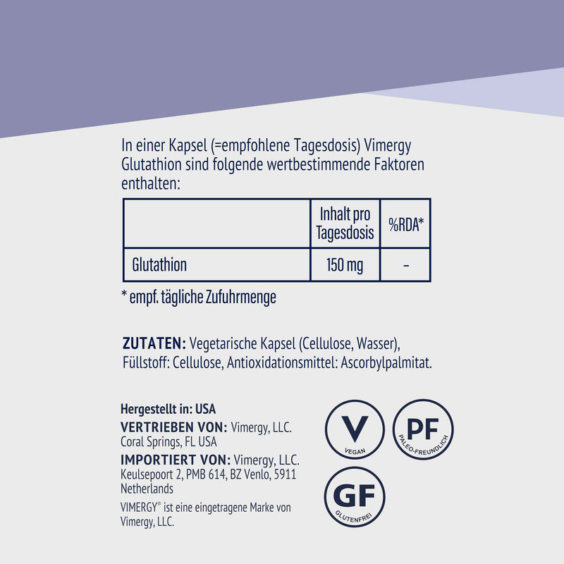 [Australia] - Vimergy Glutathione capsules 150 mg, 60 doses - L Glutathione cell antioxidant - Glutathione Liposomal - Vegan capsule without gels - GMO and gluten free, Kosher 