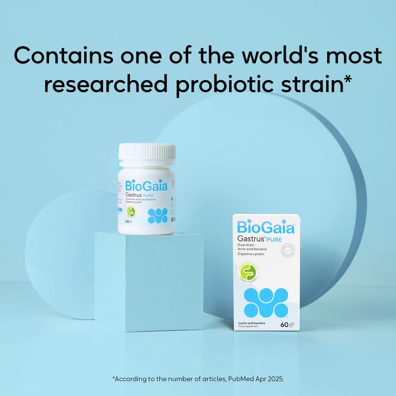 BioGaia Gastrus Pure Probiotics for Gut Health | Dual Strain Patented L. reuteri | Certified FODMAP Friendly for Sensitive Stomachs | No Artificial Sweenters | 60 Capsules