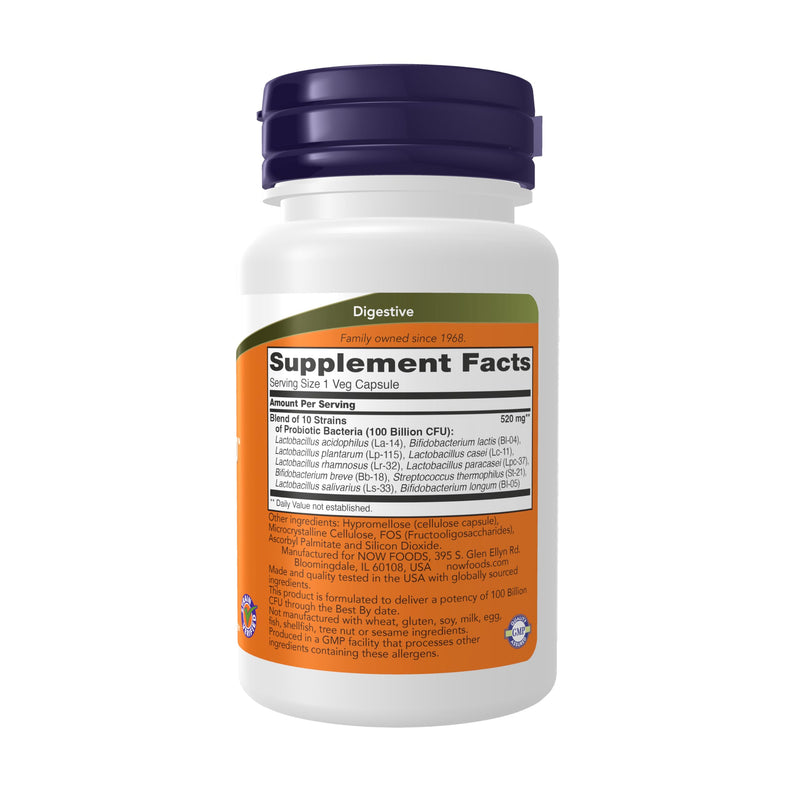 NOW Supplements, Probiotic-10™, 100 Billion, with 10 Probiotic Strains,Dairy, Soy and Gluten Free, Strain Verified, 30 Veg Capsules 30 Count (Pack of 1)