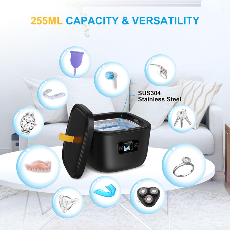 Ultrasonic Cleaner for Retainer, Invisalign, Denture, Mouth Guard, Aligner, Toothbrush Head, 43kHz 255ML Newly Upgraded Ultrasonic Retainer Cleaner Machine, UV Ultrasonic Jewelry Cleaner Black