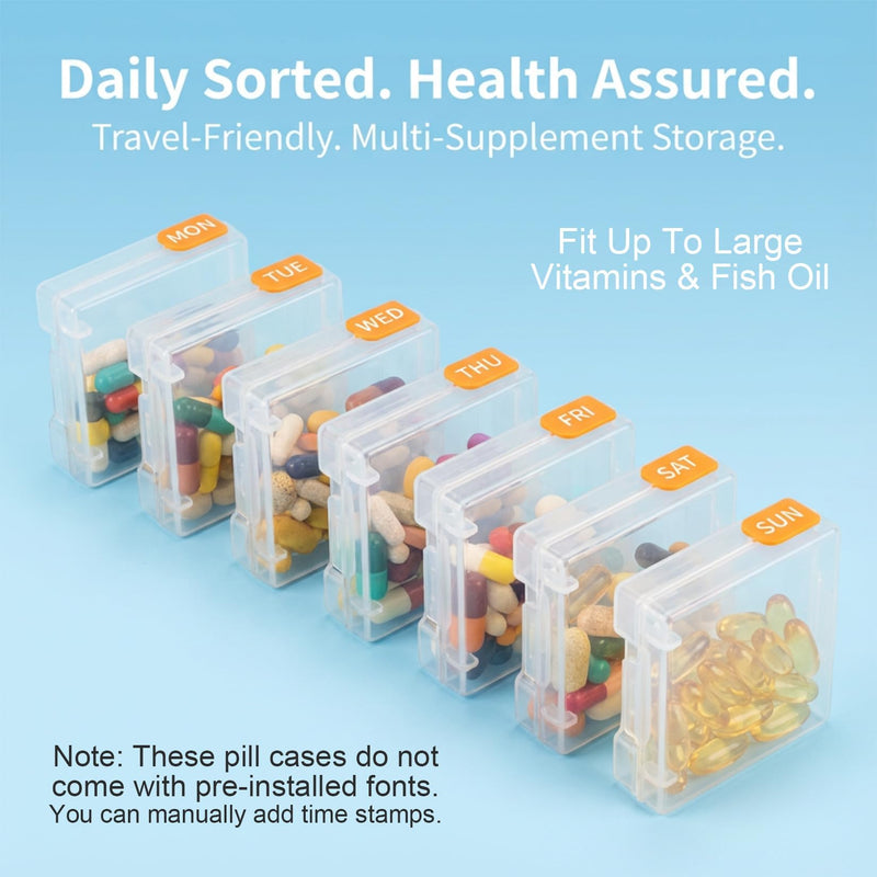 114PCS Travel Pill Organizer - RAINFLOW Bpa Free Pill Bags for Travel, Pack of 50 Clear Label Writing Baggies 50 Mylar Bags 7 Colors Small Ziplock Bag 7 Pill Box AM PM Supplements Baggies