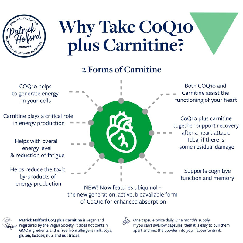 Patrick HOLFORD COQ10 Plus Carnitine / COQ10 Supplement/for Energy & Heart Health Support / 3 Nutrients/Active Ubiquinol/Enhanced Absorption – Fast Action / 60 Capsules/Vegan/for Women & Men
