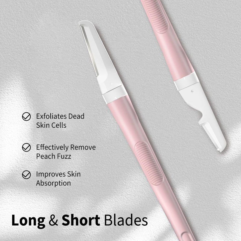 Dermaplane Razor for Women Face, Precision Face Razors for Women, Dermaplaning Tool, Gentle Exfoliation, Perfectly Shape Brows, Reusable Metal Handle with 8 Microblades, Pink Pink with 8 Refills