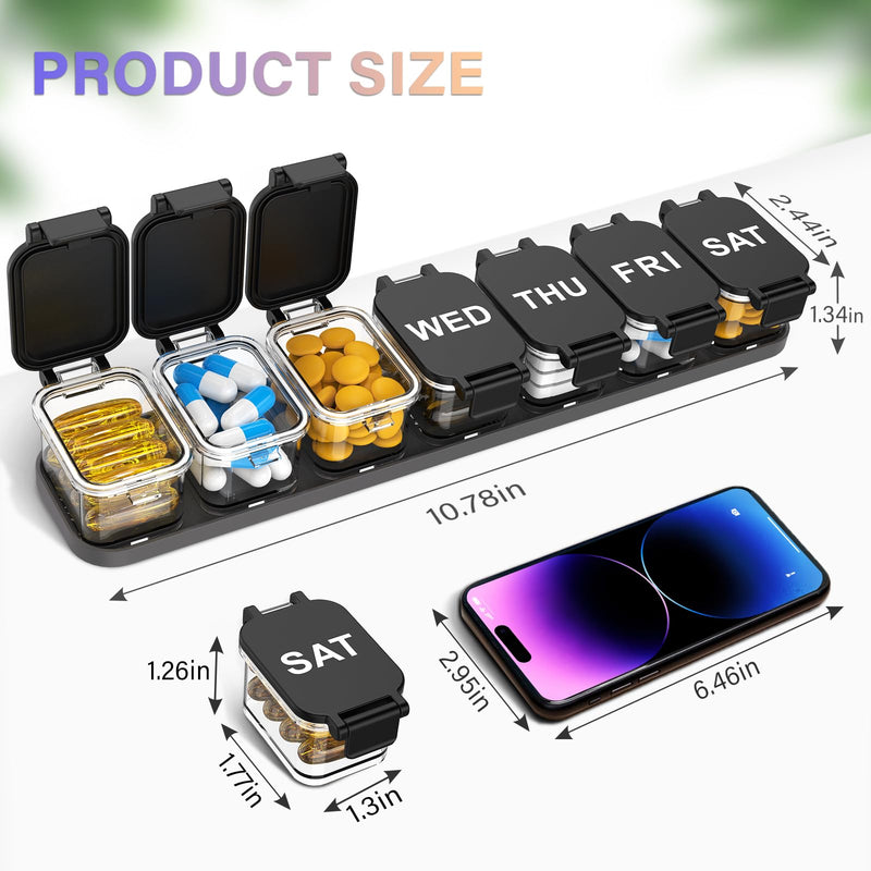 2-Pack Extra Large Weekly Pill Organizer, Travel Pill Box 7 Days | Portable Daily Pill Box with 7 Detachable Compartments, XL Vitamin Holder for Vitamins/Fish Oil/Supplements, Home and Travel Purple and Black