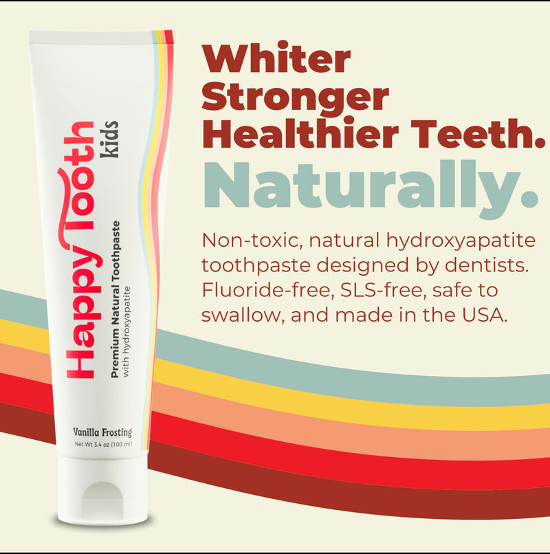 [Australia] - Happy Tooth Hydroxyapatite Toothpaste, Fluoride Free, Natural Whitening for Kids, Toddlers and Adults, SLS Free, Enamel Safe, Dentist Formulated with Clean Ingredients, Vanilla Frosting Flavor, 3.4oz 3.4 Ounce (Pack of 1) 