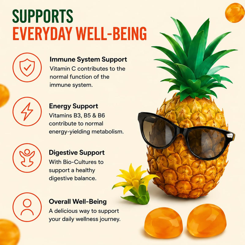 Multivitamin Gummies with Probiotics for Adults & Kids 60 Gummies - Pineapple Flavour Vitamin Gummies | Vitamins C, B3, B5 & B6 | Bio Cultures Gummies for Digestive Balance & Immune Support