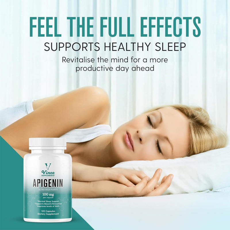 Vinco Apigenin 100mg Supplement - 120 Sleep Capsules for Better Relaxation, 99%+ Pure Natural Formula - NAD Booster, Apigenin Sleep Supplements, Natural Sleep Aid for Adults - Made in the UK