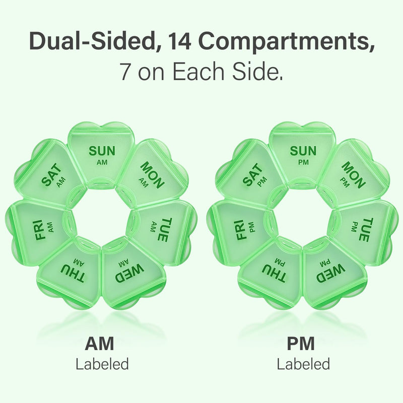 7 Day AM/PM Pill Organizer, Large Weekly Pill Box for 2 Times Daily, Green | BPA-Free Travel & Family Big Capacity Pill Case, For Vitamins, Medicine, Fish Oil & Supplements