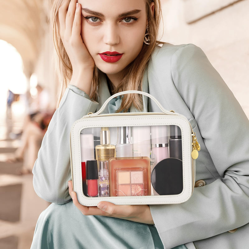 Soimeat Travel Clear Makeup Bag with Makeup Brush Bag, Leather Makeup Case Toiletry Bag, Portable Cosmetic Bag Case, Transparent Waterproof Cosmetic Organizer Storage Bag for Women,