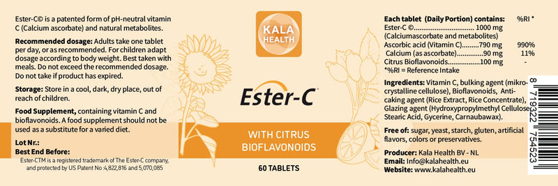 Kala Health - Ester C Tablets 1000 mg per Tablet high-dose Calcium ascorbate with Vitamin C metabolites and 100 mg Citrus bioflavonoids - contributes to the Immune System (60) 60