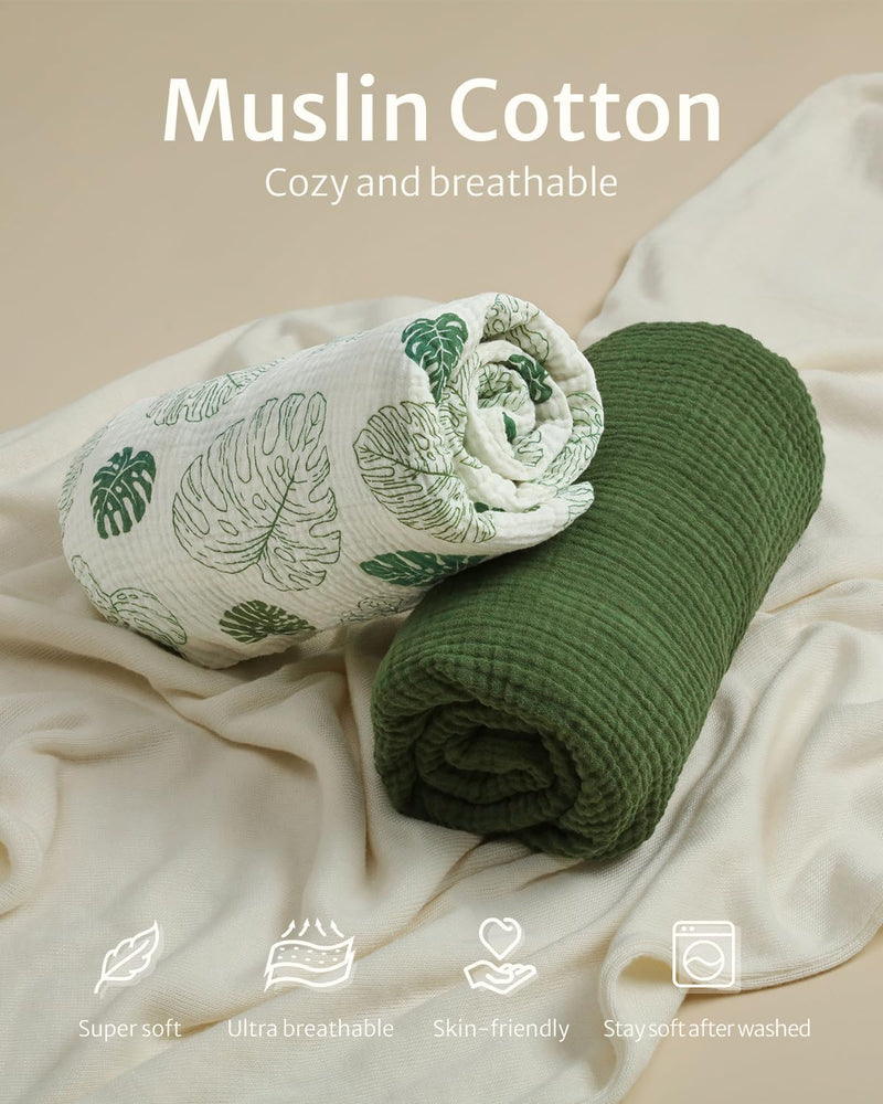 [Australia] - Muslin Crib Sheets, Cotton Neutral Crib Sheet for Baby Girls and Boys, Fitted for Standard Crib Mattress & Toddler Bed Mattress (52"x28"), Soft and Breathable, 2 Pack(Monstera&Dark Green) Monstera & Dark Green Crib Sheets 2 Pack 