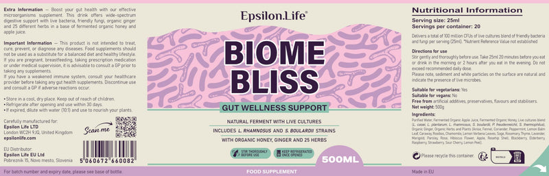 Biome Bliss Complete Gut Repair Probiotic Drink with Saccharomyces Boulardii & Live Bacterial Cultures | Natural Probiotics for Gut Health | 100% Organic Ingredients | Apple Juice & Honey | 25 Herbs
