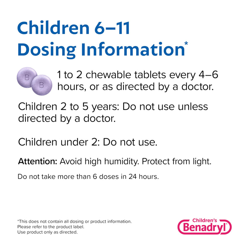 Benadryl Children's Allergy Chewables with Diphenhydramine HCl, Antihistamine Chewable Tablets for Relief of Allergy Symptoms Like Sneezing, Itchy Eyes, & More, Grape Flavor, 20 Count (Pack of 1)