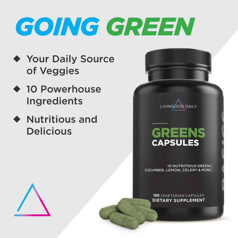 [Australia] - Livingood Daily Greens Capsules (120 Vegetarian Capsules) - Super Greens Supplement with Spirulina, Chlorella, Broccoli, Spinach for Energy, Digestive, & Gut Health - Fruit & Vegetable Supplements Greens Capsule 