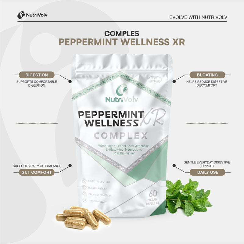 Peppermint Wellness XR Complex | 60 Vegan Capsules | Digestive Comfort, Bloating Relief, Calm Gut Function & Post-Meal Ease | Peppermint Oil, Ginger, Fennel, L-Glutamine, Magnesium & B6 | by NutriVolv