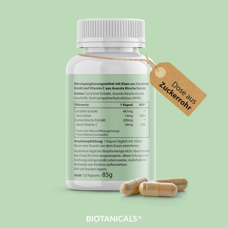 [Australia] - Biotanicals - Iron capsules (120 pieces) - High-dose plant-based iron, made from curry leaf and vitamin C from acerola cherry - for 4 months - CO2 neutral & compostable - vegan 