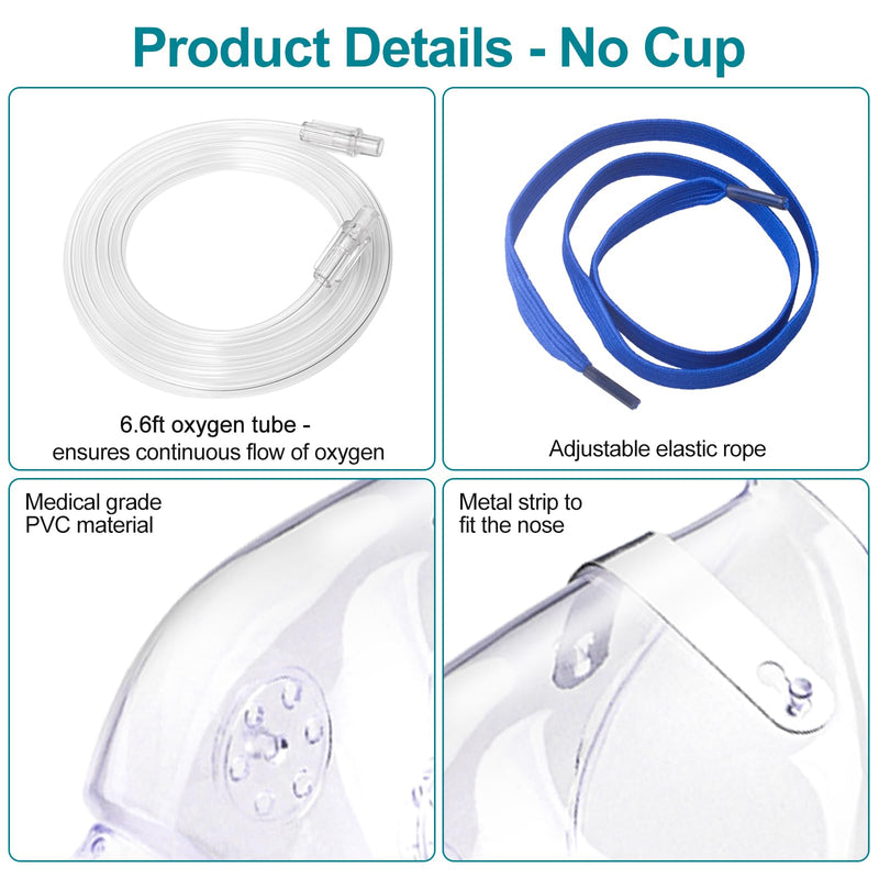 [Australia] - 2 Pack Oxygen Mask for Face with 6.6 Ft Tubing and Adjustable Elastic Strap - Adult - Clear Size M L (No Cup) 