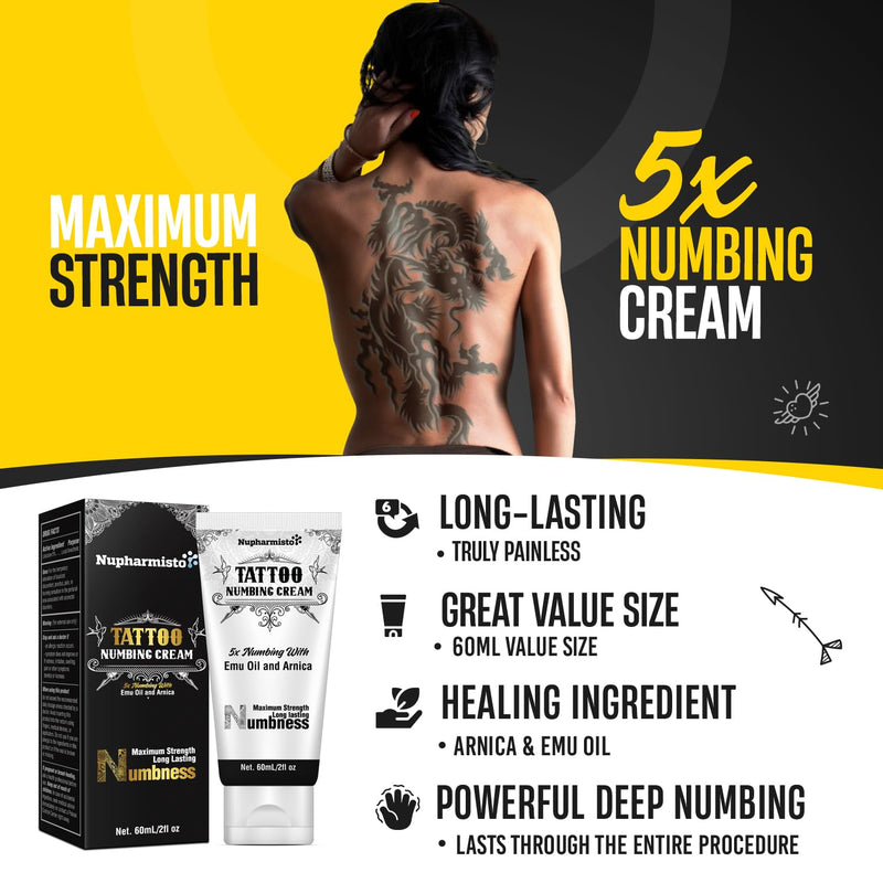 [Australia] - 6 Hours Maximum Strength Numbing Cream Tattoo (2oz/ 60ml), Painless Tattoo Numbing Cream, Numbing Cream for Tattoos Extra Strength with 5x Numbing, Emu Oil and Arnica. 2oz/ 60ml 