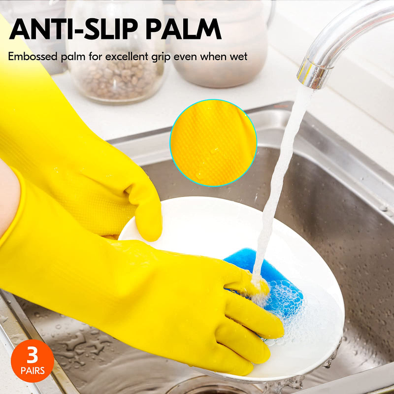 [Australia] - Vgo... 3-Pairs Reusable Household Gloves, Rubber Dishwashing gloves, Extra Thickness, Long Sleeves, Kitchen Cleaning, Working, Painting, Gardening, Pet Care (Size L, Yellow, HH4601) Large 3 Pairs - Yellow 