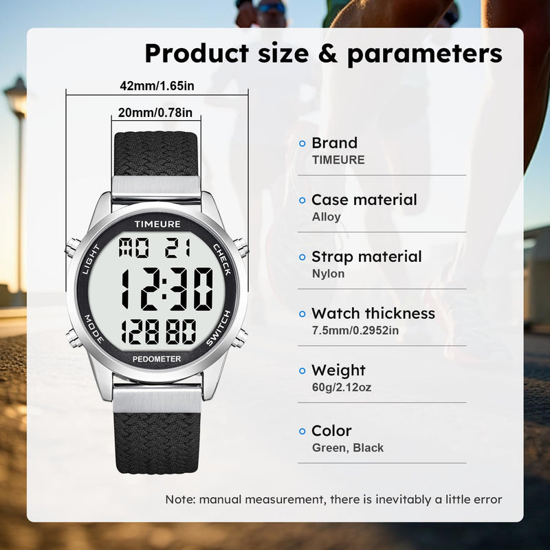 [Australia] - Accurate Pedometer Watch for Men Walking Simple Step Counter Watches Steps Tracker Large Digital Display Waterproof Non Bluetooth TIMEURE-2306 Black 