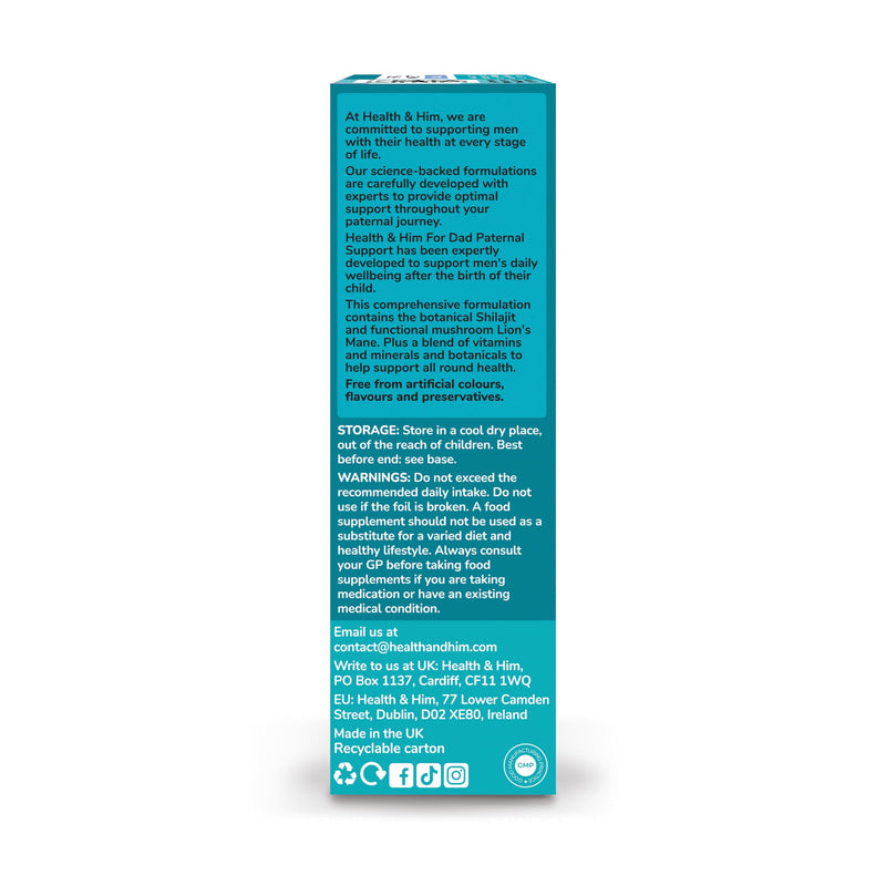 Health & Him for Dad - Mens Multi-Nutrient Paternal Support - Contains Shilajit, Lion's Mane, Ashwagandha & Korean Ginseng - 60 Capsules - 30 Day Supply - Vegan & Gluten Free 60 count (Pack of 1)