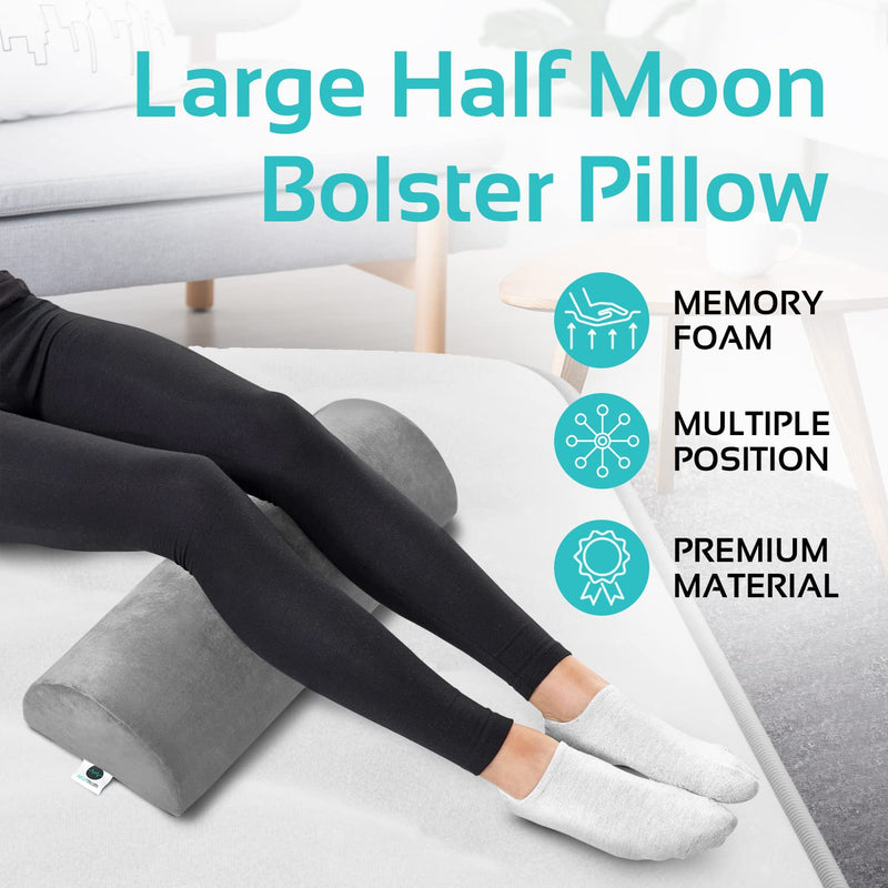 [Australia] - Knee Pillow for Back Sleeping | Large Half Moon Bolster Pillow for Legs, Under Knee Pillow for Sleeping on Back (20.5" x 8" x 4.5") Leg Pillow for Ankle and Foot Comfort, Machine Washable Cover, Grey Gray 