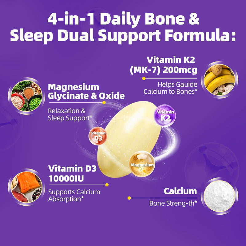 Magnesium Glycinate Softgels with D3 K2 Vitamin 10000 iu, 120 Gelcaps | Magnesium Glycinate Complex Small Pills, Easy to Swallow Support Daily Calcium, Sleep, Immune Health for Women/men 400mg 120 Count (Pack of 1)