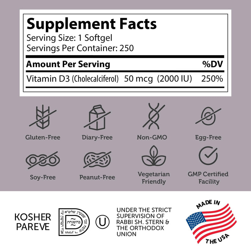 Zahler - Advanced Vitamin D3 2000 IU Softgels (250 Count) Kosher Vegetarian Friendly Vitamin D for Immune Support, Bone, Teeth & Muscle Health - Daily D3 Vitamin Supplement for Adults - Easy Swallow V 250 Count (Pack of 1)