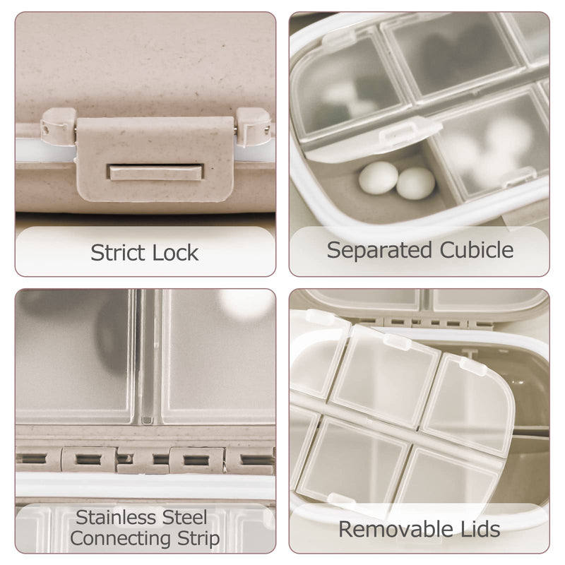 Travel Pill Organizer, 8 Compartments Portable Pill Case, Small Pill Box | [1Pack] [Beige] [For Pocket Purse Portable Medicine Vitamin Container] Beige