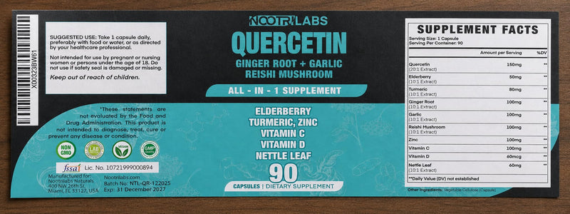All-in-1 Highest Potency Quercetin, Elderberry, Turmeric, Reishi Mushroom, Vitamin C, D, Ginger Root, Zinc, Nettle Leaf - Immune, Antioxidant & Overall Health Support - 90 Vegan Capsules