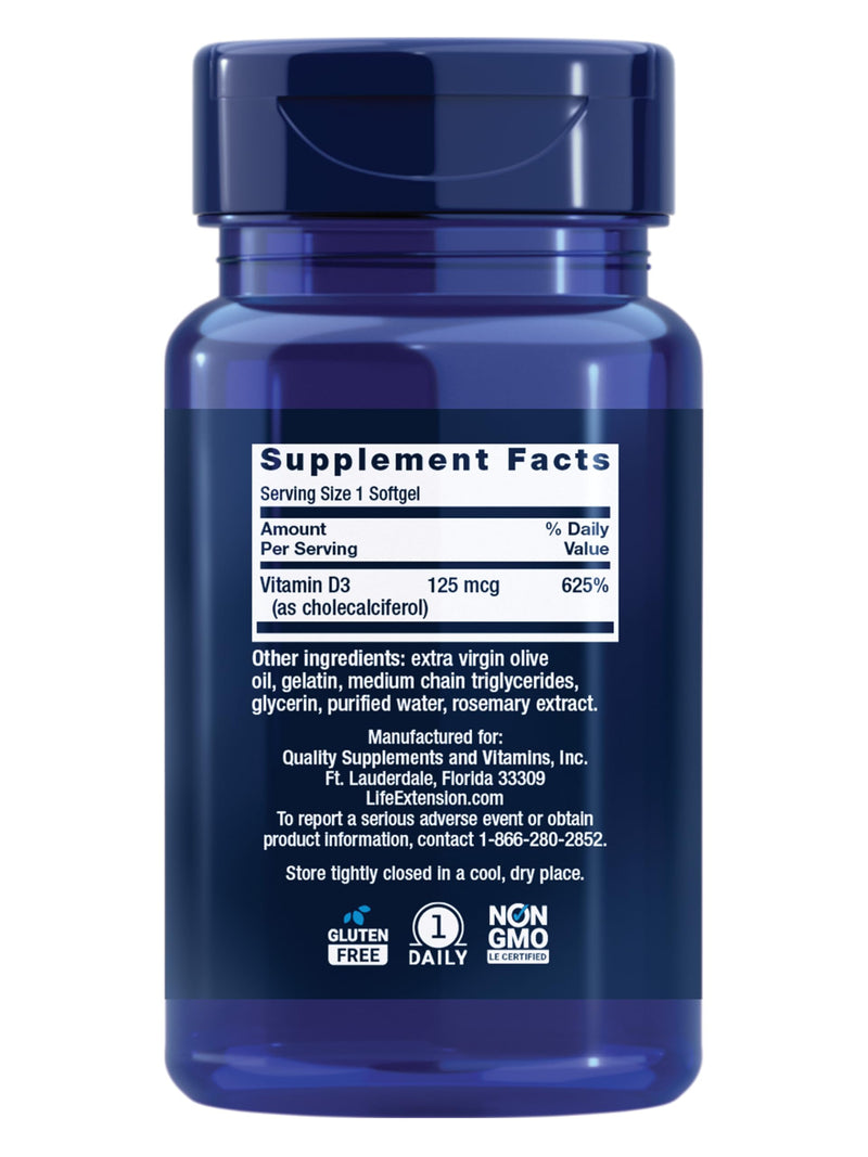Life Extension Vitamin D3 125 mcg (5000 IU), Bone Health, Brain Performance, Immune System Support, Gluten-Free, Non-GMO, Once Daily, Two-Month Supply, 60 Softgels | Bone Health, Cognitive Health & Immune System Support, Gluten-Free & Non-GMO, Once Dai...