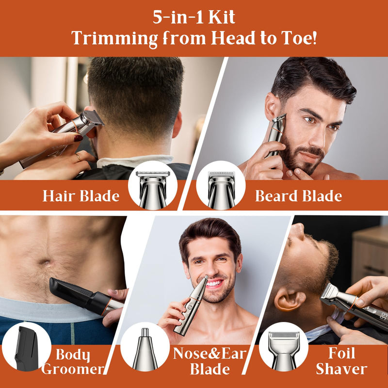 [Australia] - BarberBoss Beard Trimmer, Hair Clipper for Men, 5 in 1 Grooming Kit for Men, Beard Trimmer Set for Men, Detail Shaver, Precision Hair Trimmer for Nose, Ears and Body, QR-6010 