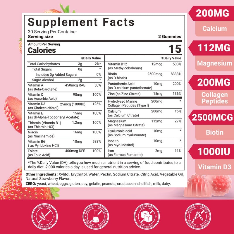 Womens Multivitamin Gummies with Biotin, Collagen, Calcium, Magnesium | Inositol, Folate, Iron, Vitamin A, C, D, E - Multi Vitamins & Minerals - Multivitamin for Women Supplement 60 Count (Pack of 1)