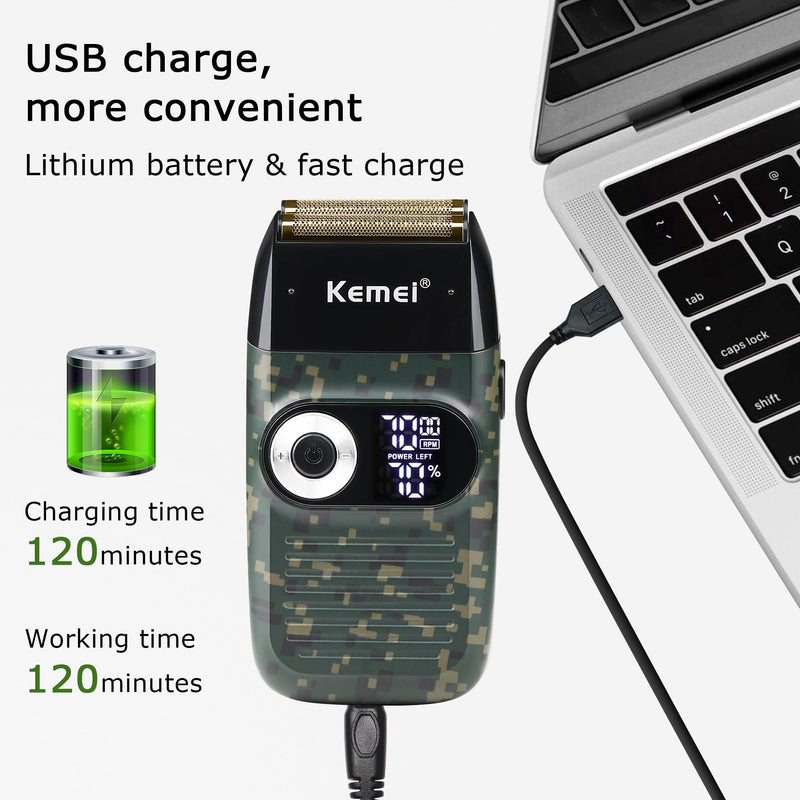 Kemei Foil Professional Electric Shaver for Men Razor with Bald Trimmer Cordless Shavers Rechargeble LED Display 2 in 1 Camouflage