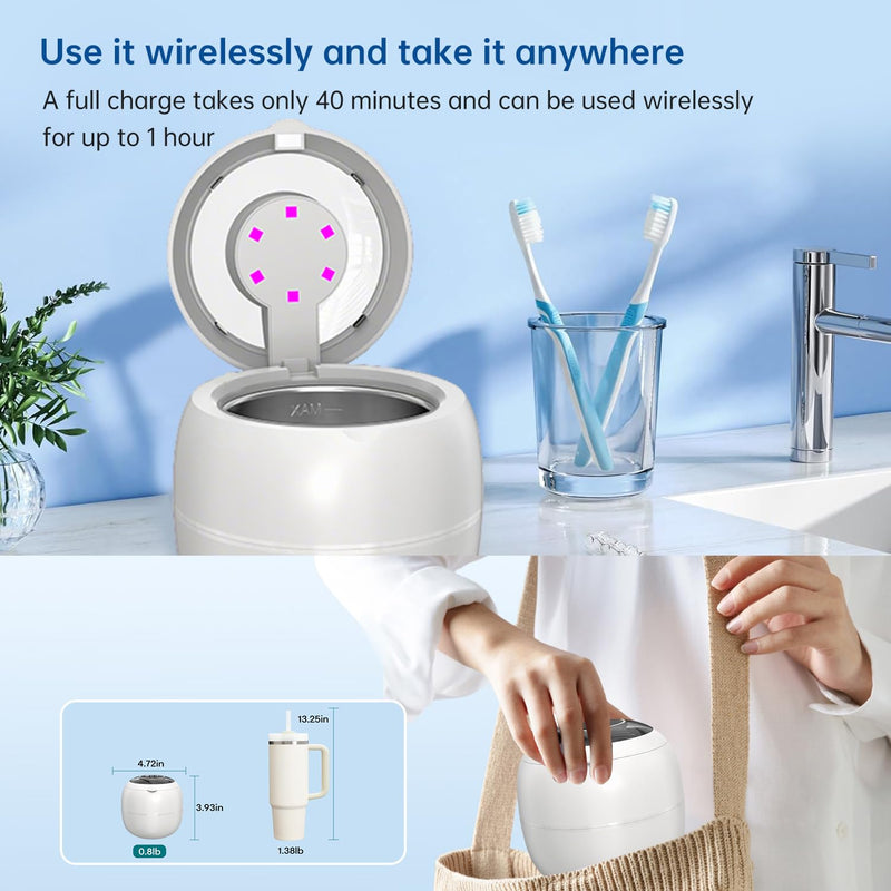 [Australia] - Wireless Ultrasonic Cleaner,Westdeer 45kHz,UV Cleaning,for Dentures,Watch Bands,Toothbrush Heads,Pacifiers,Jewelry Rings,4 Modes,210ml Capacity,Travel (white) White 
