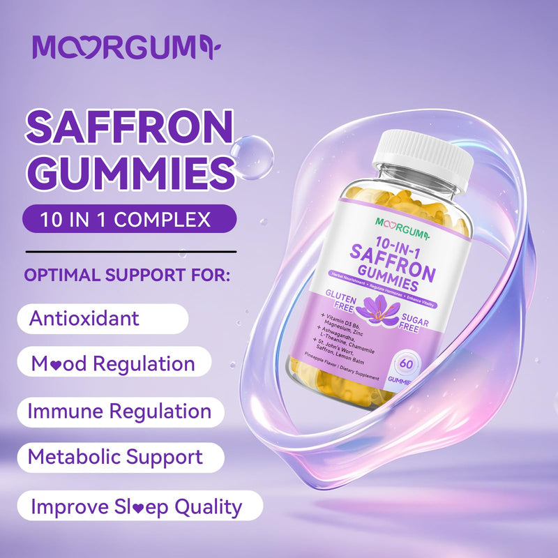 Saffron Gummies for Adult Kids, 10-IN-1 Cortisol Support Supplement with Saffron 88.5mg, Vitamin D3, B6, Magnesium, Zinc, Ashwagandha, L-Theanine, St. John's Wort, For Emotions, Slumber, 60 Count 60 Count (Pack of 1)