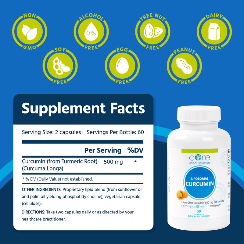 [Australia] - Core Med Science Liposomal Curcumin Capsules, 500mg - Pure Turmeric Extract Supplement - High Absorption Joint & Heart Health Support for Adults - Promotes Cognitive & Brain Health, Non-GMO (60 Count) 
