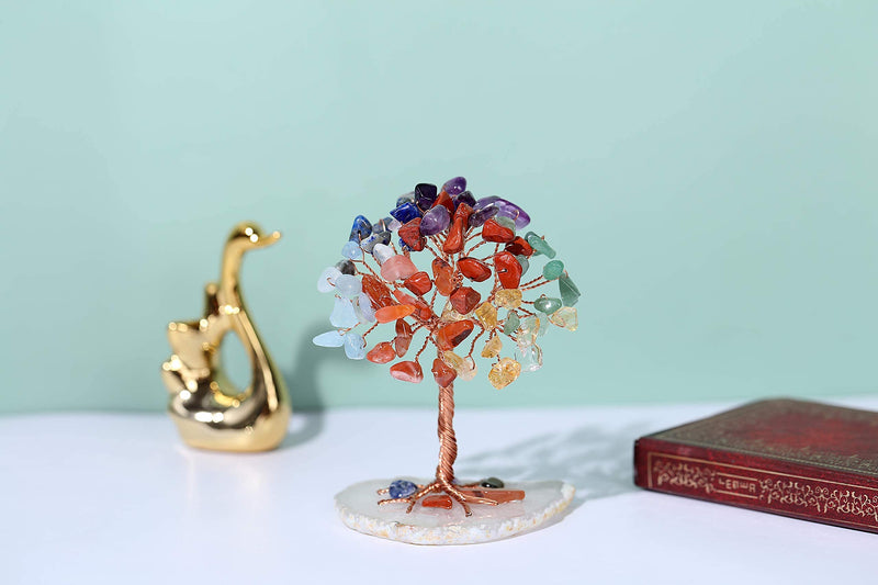 Jovivi Bundle - 2 Items Double Heart Tree of Life Hanging Ornament 7 Chakra Reiki Healing Crystals + 7 Chakra Healing Crystals Tree on Agate Slice Base