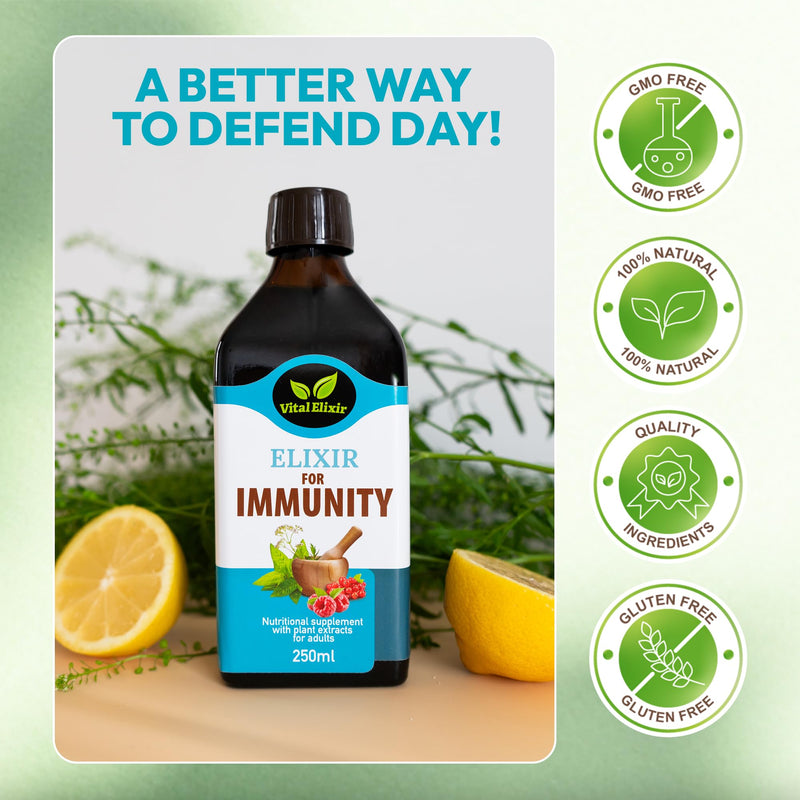 Elixir Immunity Herbal Liquid Vitamins Supplement - Black Elderberry, Vitamin C, B12, Cardamom & Calendula - Immune Support, Energy & Digestive Comfort - Vegan, Natural Fruit Flavour, 250ml