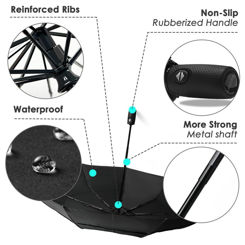 Windproof Compact Travel Umbrellas for Rain – Easy Auto Open Close, Automatic Durable Waterproof – Backpack, Portable, Lightweight Umbrellas for Travel 2xBlack