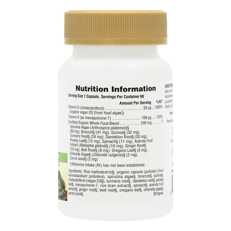 NaturesPlus Source of Life Garden Organic Vitamin D3 2000IU with K2 100mcg - Vegan Vitamin D3 and K2 Supplement - Immune Support, Bone Health - Gluten Free - 60 Capsules 60 Count (Pack of 1)