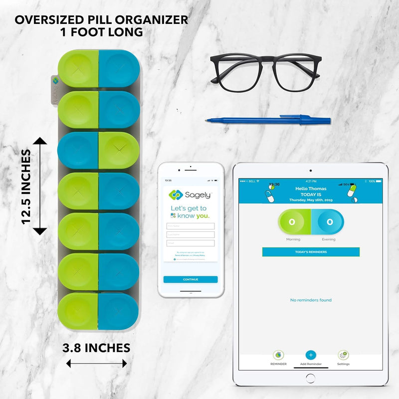 Sagely XL Pill Organizer, Durable Medicine Box, Magnetic Daily Removable Pods, Easy-to-Use, Spill-Proof, Large Enough to Fit Fish Oil, Cod Liver Oil, Supplements & Vitamins (Mint Blue/Coral) Mint Blue/Coral