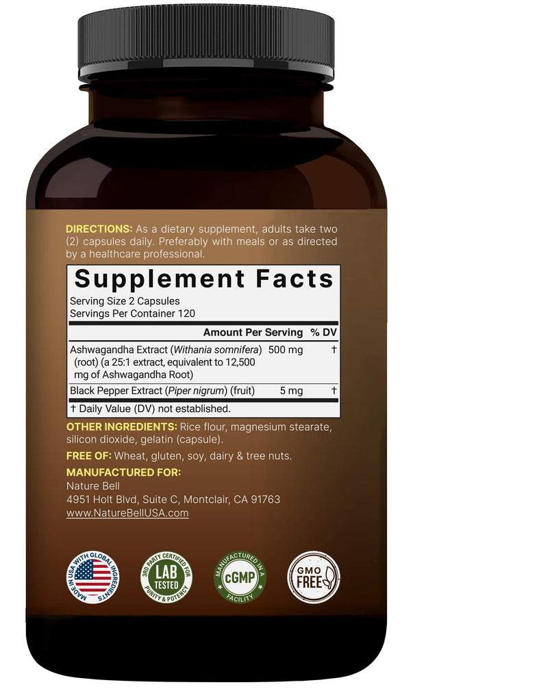 [Australia] - NatureBell Ashwagandha 12,500 mg Equivalent with Black Pepper, 240 Capsules | High Absorption Complex ‚Äì Extra Strength 25:1 Root Extract ‚Äì Adaptogens Supplements for Relaxation ‚Äì Non-GMO 