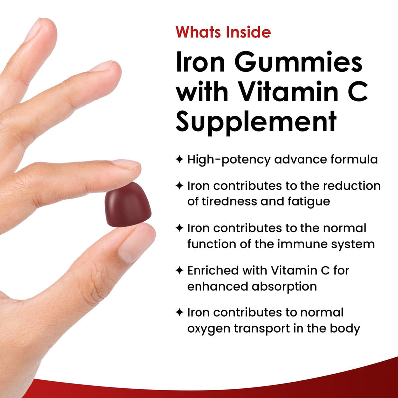 Iron Gummies with Vitamin C for Added Absorption - 60 Gummies for Women & Men - Real Fruit Juice (1 Month Supply) Iron Supplements Tasty Alternative to Tablets 14mg Per Serving Unflavoured