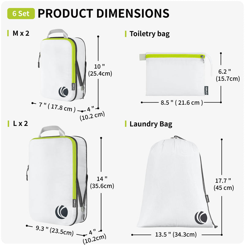 Cipway Compression Packing Cubes Set (White 6pcs) | Ultralight Travel Cube Organizers for Carry-On Luggage, Suitcase & Backpack Travel Essentials White