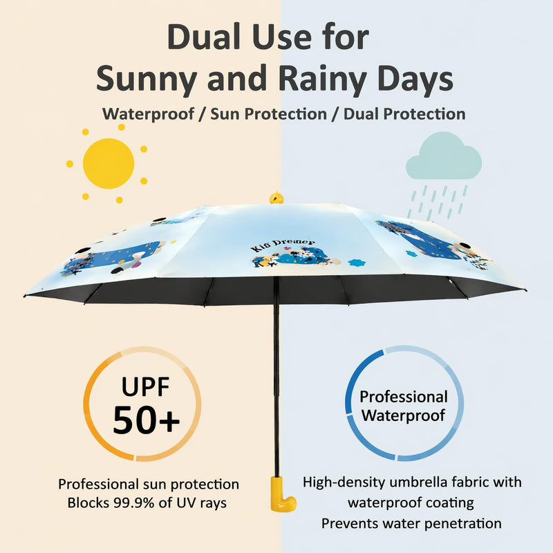 Cute Hand-Drawn Cartoon Folding Umbrella, Boot Shaped Handle & Apple Tip, UPF 50+ Black Coating Sun & Rain Compact Travel Umbrella with Hand Carry Storage Pouch for Women Girls Blue